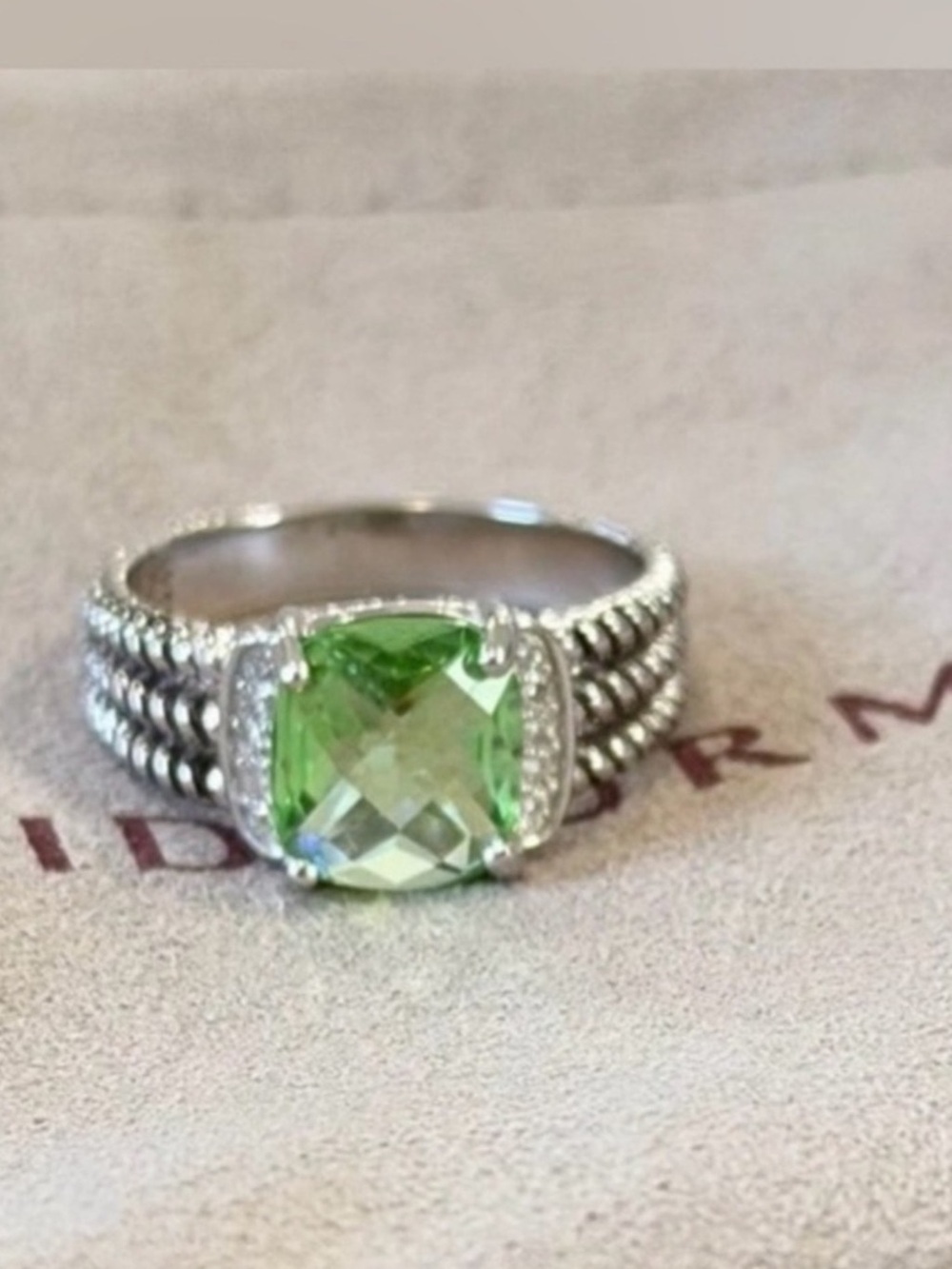 David Yurman Sterling Silver Petite Peridot & Diamond Wheaton Ring Size 6.5